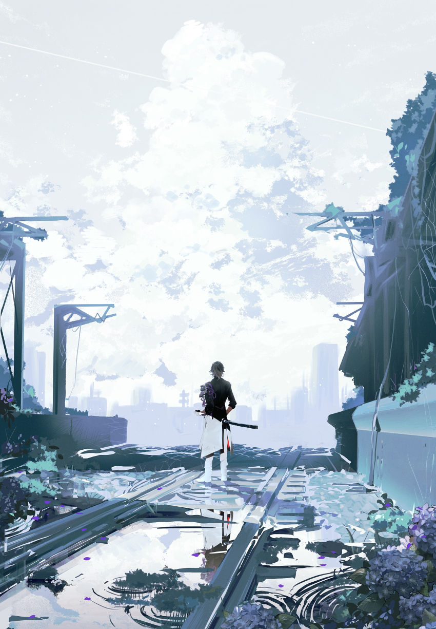 1boy, absurdres, armor, black_coat, black_gloves, black_hair, blue_flower, cityscape