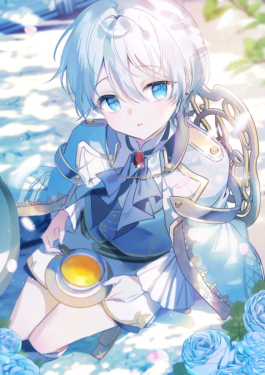 1girl, ascot, blue_ascot, blue_eyes, blue_flower, blue_rose, blue_vest, capelet