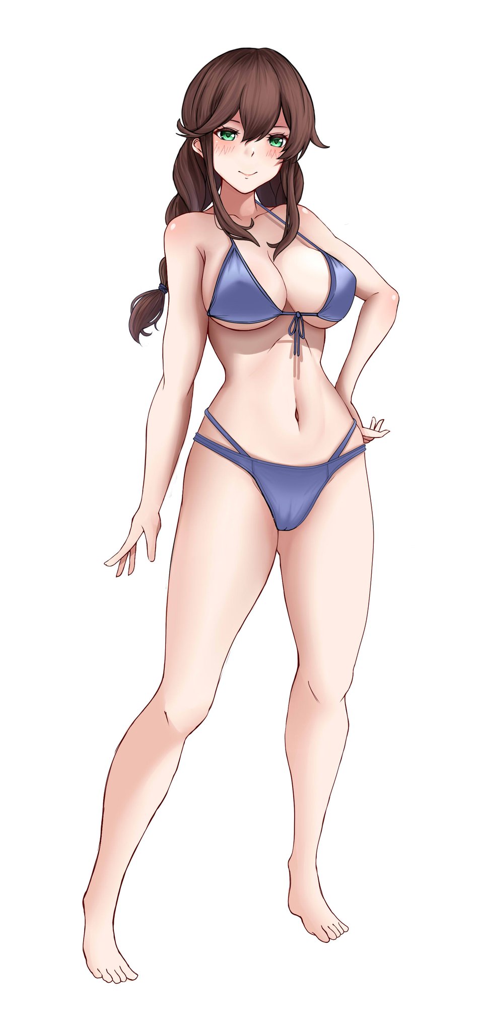 1girl, alternate_costume, barefoot, bikini, blue_bikini, blush, braid, breasts, brown_hair, closed_mouth, commentary, front-tie_bikini_top, front-tie_top, full_body, green_eyes, halterneck, hand_on_own_hip, hat, highres, kantai_collection, large_breasts, long_hair, looking_at_viewer, navel, noshiro_(kancolle), r31harutan, simple_background, smile, solo, standing, string_bikini, swimsuit, twin_braids, white_background