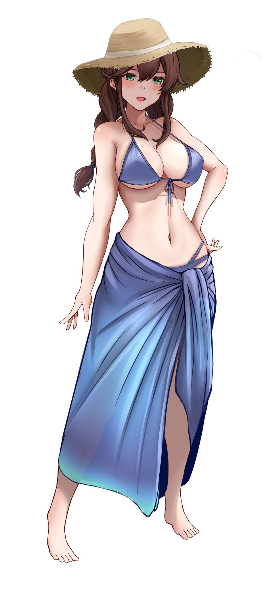1girl, :d, alternate_costume, barefoot, bikini, blue_bikini, blue_sarong, blush