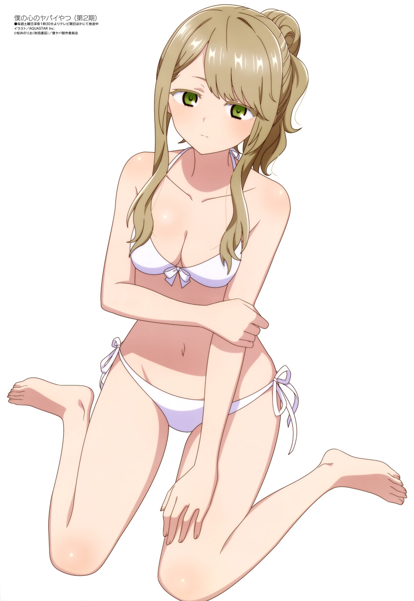 1girl, absurdres, bikini, boku_no_kokoro_no_yabai_yatsu, breasts, brown_hair, cleavage, green_eyes, hanzawa_yurine, highres, long_hair, looking_at_viewer, looking_up, magazine_scan, medium_breasts, megami_magazine, midriff, navel, official_art, scan, side-tie_bikini_bottom, simple_background, sitting, swimsuit, thighs, wariza, white_background, white_bikini