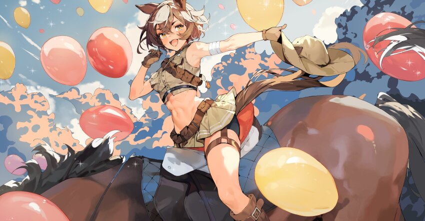 1girl, absurdres, animal, animal_ears, ayumeyatto, balloon, bike_shorts, brown_eyes