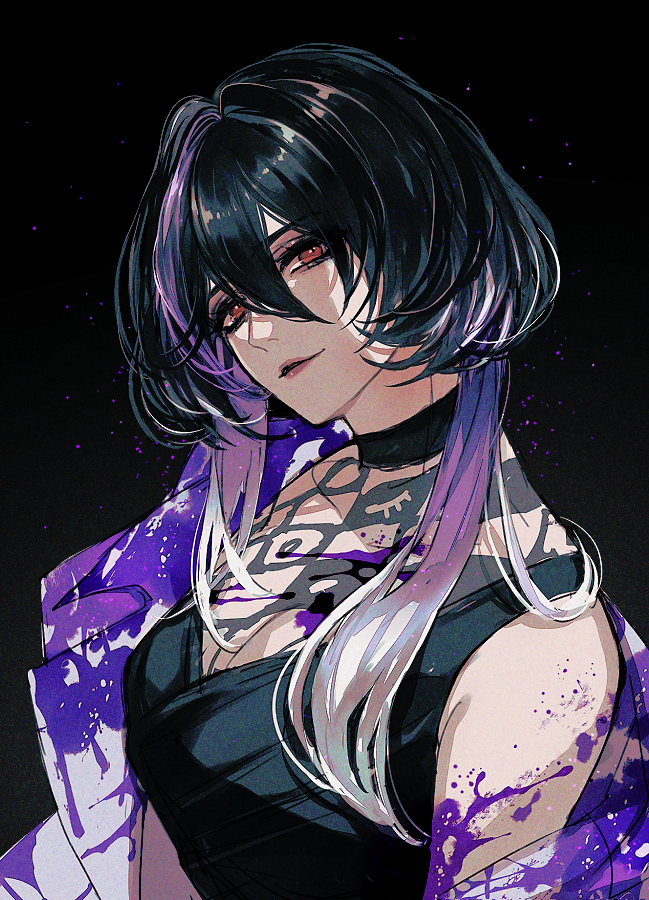 1girl, black_background, black_choker, black_hair, black_shirt, breasts, chest_tattoo, choker