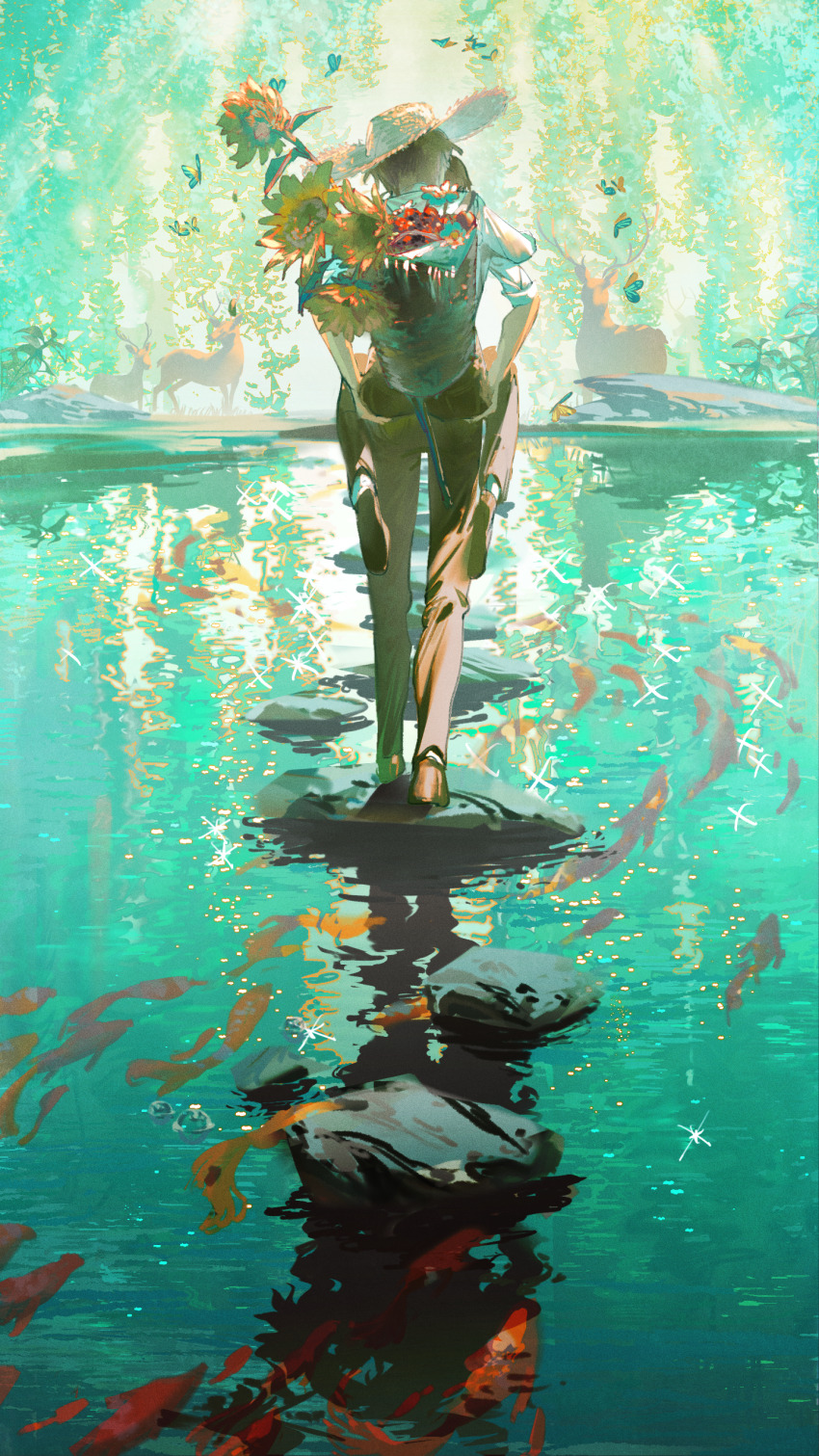 2boys, absurdres, backpack_basket, basket, black_footwear, black_hair, black_pants, bubble