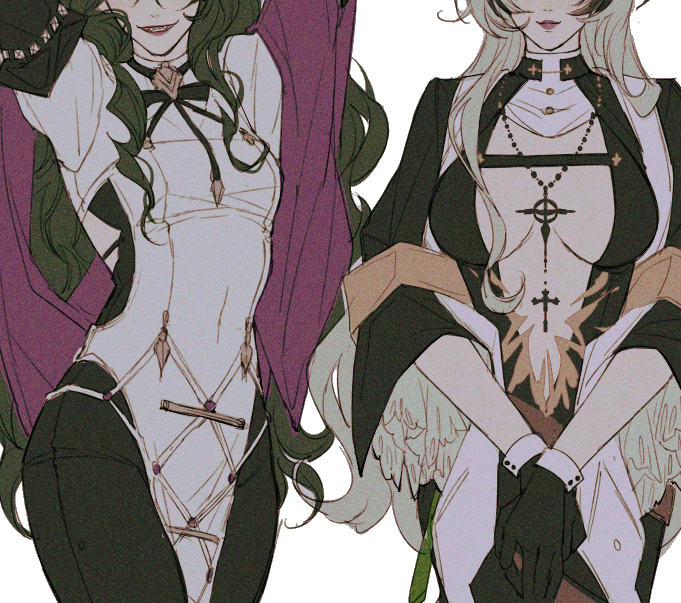 2girls, arms_up, black_dress, black_gloves, black_leggings, breasts, breasts_apart, center_opening