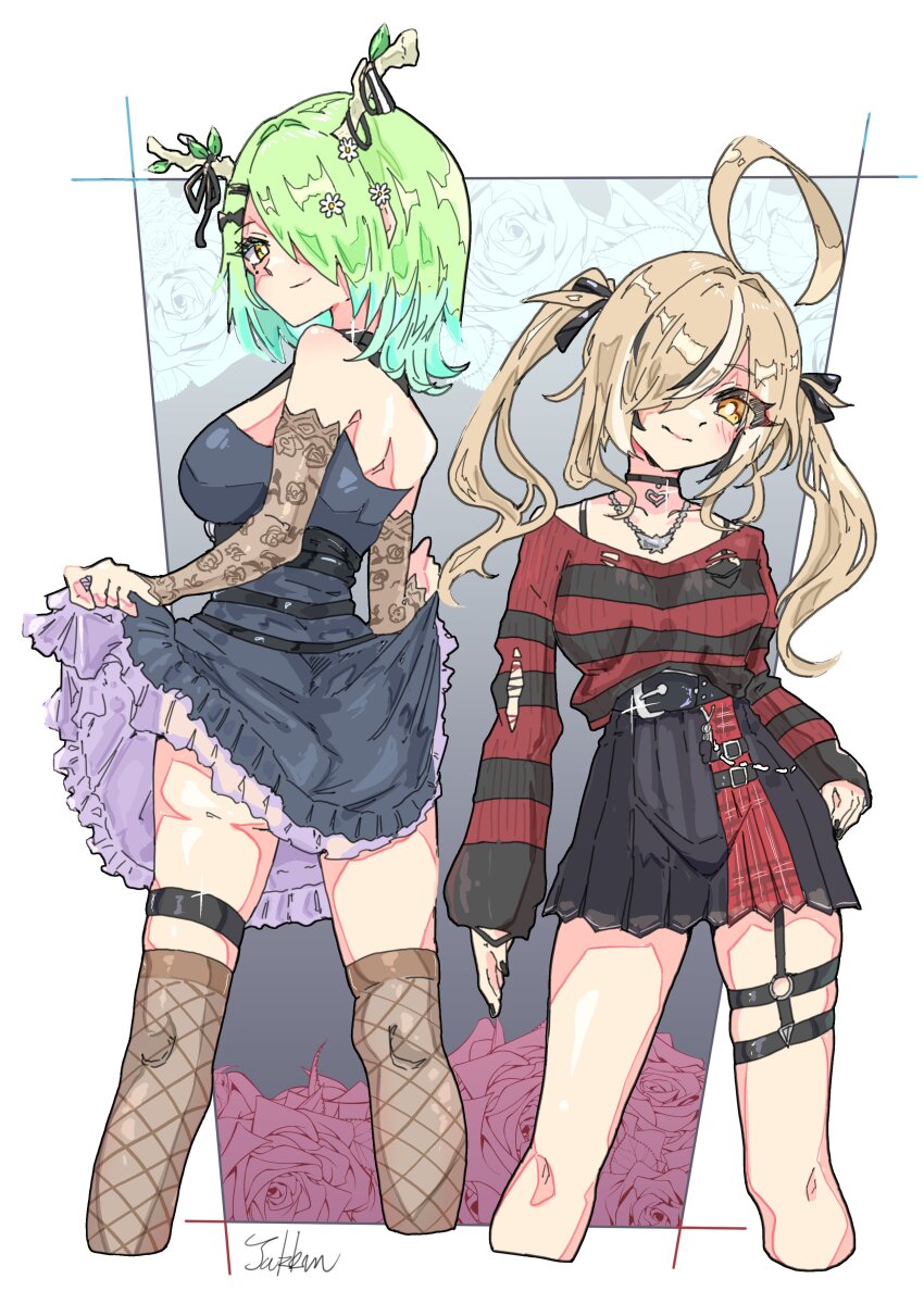 2girls, absurdres, ahoge, antler_ribbon, belt, black_choker, black_dress, black_nails