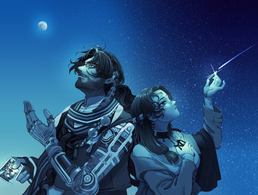 1boy, 1girl, absurdres, back-to-back, blue_sky, blue_theme, bullet, choker, coat, desi, facial_mark, facing_up, fingerless_gloves, forehead_mark, from_side, gibbous_moon, gloves, hand_on_own_chest, hands_up, highres, holding, holding_bullet, holding_photo, holding_removed_eyewear, kaalaa_baunaa, long_hair, looking_up, mature_male, mechanical_arms, monochrome, moon, night, photo_(object), profile, prosthesis, prosthetic_arm, reverse:1999, sakuma_(saku0ma), scarf, shamane, shirt, shooting_star, single_glove, single_mechanical_arm, sky, star_(sky), starry_sky, unworn_eyewear, upper_body