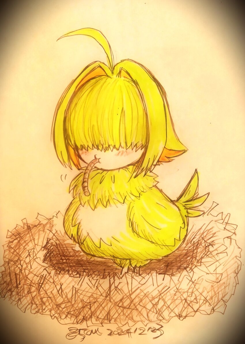 1girl, 85cm85cm, ahoge, animalization, artist_name, bird, blonde_hair, blush