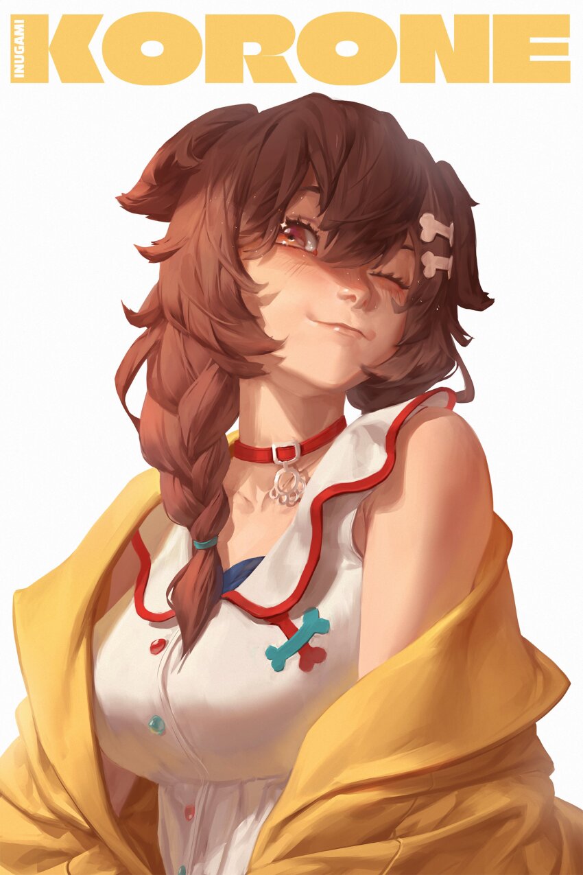1girl, absurdres, animal_collar, animal_ears, bare_shoulders, bone_hair_ornament, braid, brown_eyes, brown_hair, buttons, cartoon_bone, character_name, collar, dog_ears, dog_girl, hair_between_eyes, hair_ornament, highres, hololive, inugami_korone, inugami_korone_(1st_costume), jacket, light_blush, looking_at_viewer, low_twin_braids, multicolored_buttons, one_eye_closed, patrick_ganas, red_collar, shirt, side_braids, simple_background, smile, solo, twin_braids, virtual_youtuber, white_background, white_shirt, yellow_jacket