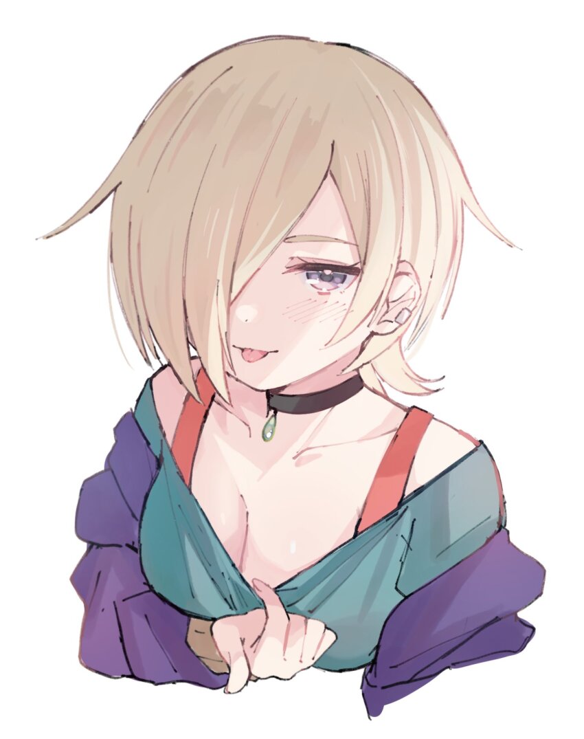 1girl, :p, black_choker, blonde_hair, blush, breasts, choker, cleavage