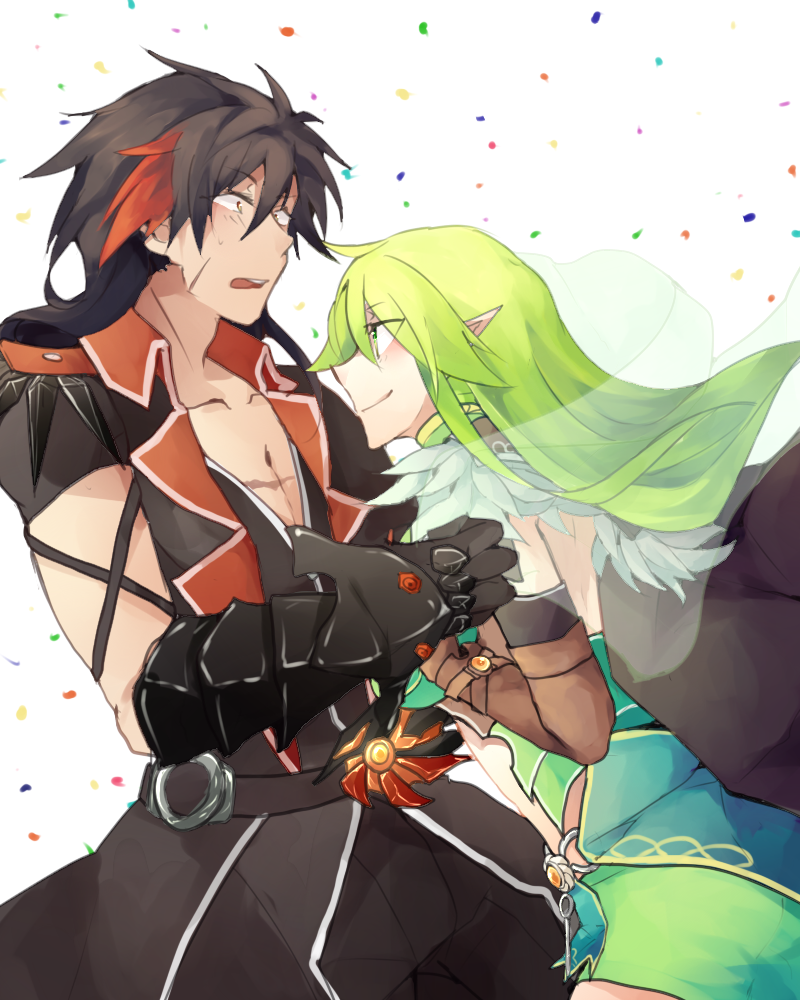 1boy, 1girl, armor, black_armor, black_hair, breasts, couple, elf