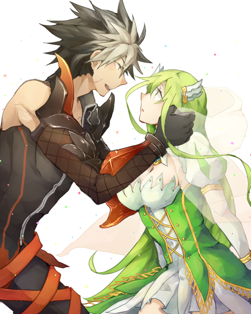 1boy, 1girl, black_hair, breasts, cleavage, couple, elf, elsword