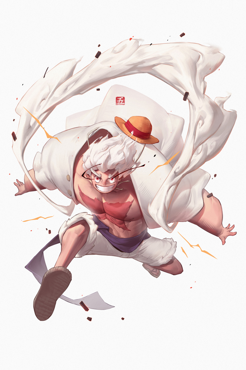 >:), 1boy, absurdres, alternate_form, alternate_muscle_size, buttons, cardigan, cross_scar