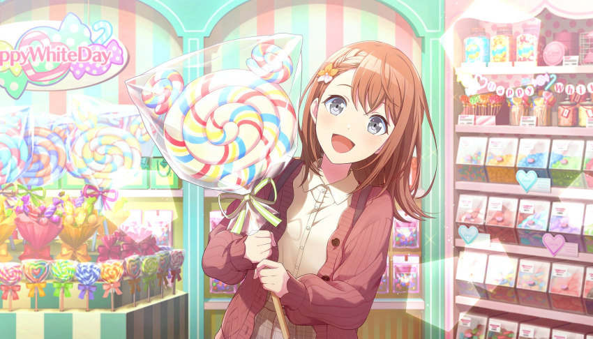 1girl, bag, blurry, bokeh, braid, brown_hair, brown_skirt, buttons, cabinet, candy, candy_cane, candy_store, candy_wrapper, cardigan, collared_shirt, colorful_palette, depth_of_field, display, dot_nose, dress_shirt, flower, food, gift_bag, glint, green_ribbon, grey_eyes, hair_flower, hair_ornament, hanasato_minori, hands_up, happy, heart, heart-shaped_food, heart-shaped_lollipop, highres, holding, holding_candy, holding_food, holding_lollipop, indoors, jar, jelly_bean, leaning_to_the_side, light_blush, light_particles, lollipop, looking_at_viewer, medium_hair, music, official_art, open_cardigan, open_clothes, open_mouth, orange_ribbon, pink_ribbon, plaid_clothes, plaid_skirt, plastic_bag, pleated_skirt, project_sekai, purple_ribbon, red_cardigan, red_ribbon, relax_teatime_(project_sekai), ribbon, shaped_lollipop, shirt, shop, short_braid, side_braid, singing, single_braid, skirt, solo, striped_ribbon, sweets, swept_bangs, swirl_lollipop, tareme, third-party_source, upper_body, wallpaper_(object), wide-eyed, yellow_shirt