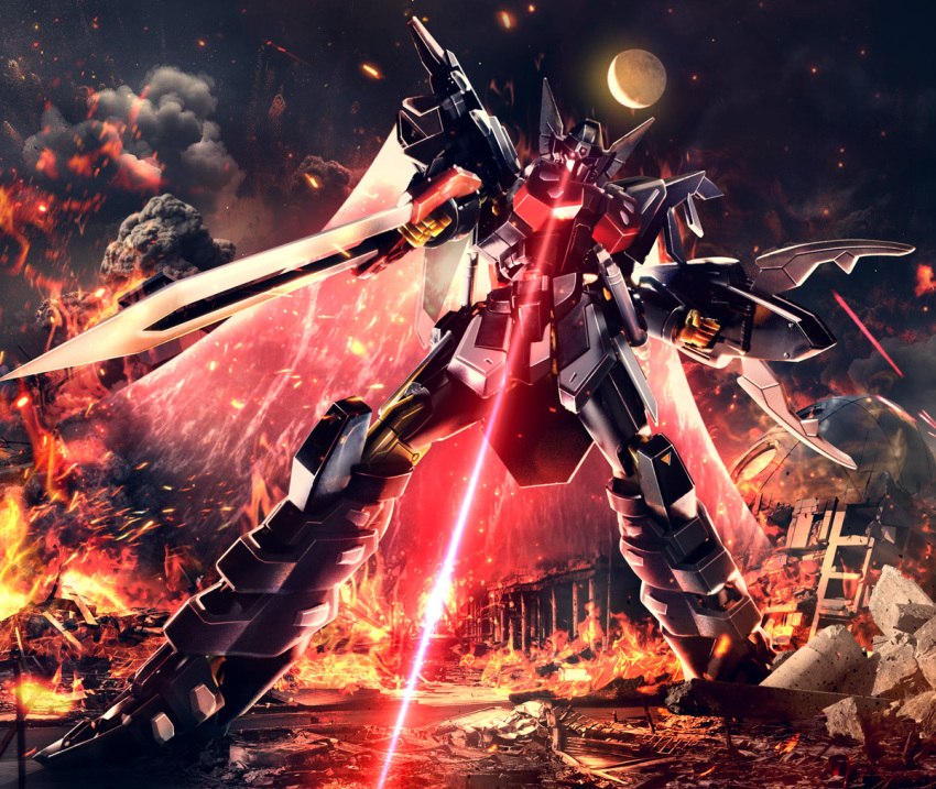 arm_shield, black_knight_squad_shi-ve.a, building, city, commentary_request, embers, explosion, fire, full_body, glowing, glowing_eye, gundam, gundam_seed, gundam_seed_freedom, hiropon_(tasogare_no_puu), holding, holding_sword, holding_weapon, laser, legs_apart, mecha, mecha_focus, mobile_suit, moon, night, no_humans, outdoors, red_eyes, robot, rubble, ruins, science_fiction, smoke, solo, standing, sword, weapon