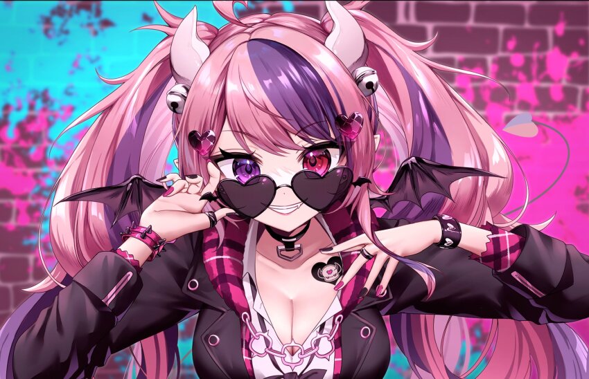 1girl, ahoge, black-framed_eyewear, black_choker, black_jacket, black_nails, breasts, choker, cleavage, collared_shirt, demon_girl, demon_horns, demon_tail, demon_wings, fang, hair_ornament, heart, heart-shaped_eyewear, heart_ahoge, heart_hair_ornament, heterochromia, highres, horns, ichiko_1234, ironmouse, ironmouse_(school_uniform), jacket, large_breasts, long_hair, looking_at_viewer, multicolored_hair, multicolored_nails, pink_hair, pink_nails, pointy_ears, purple_eyes, purple_hair, red_eyes, shirt, smile, solo, streaked_hair, sunglasses, tail, twintails, virtual_youtuber, vshojo, white_shirt, wings