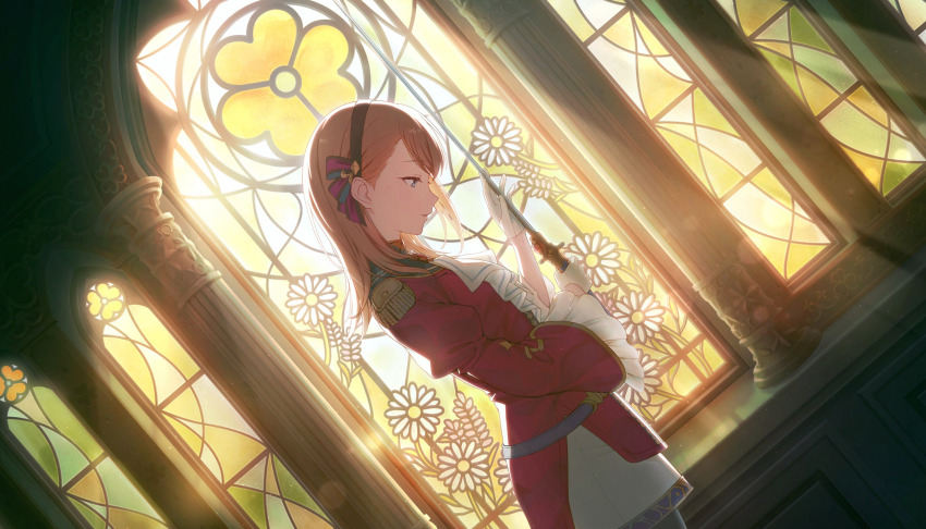 1girl, arch, belt, black_belt, black_hairband, blurry, bokeh, bow