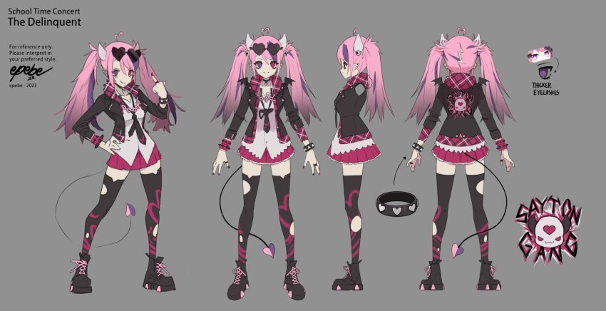 1girl, black_choker, black_footwear, black_jacket, black_necktie, black_thighhighs, bracelet, reference_sheet