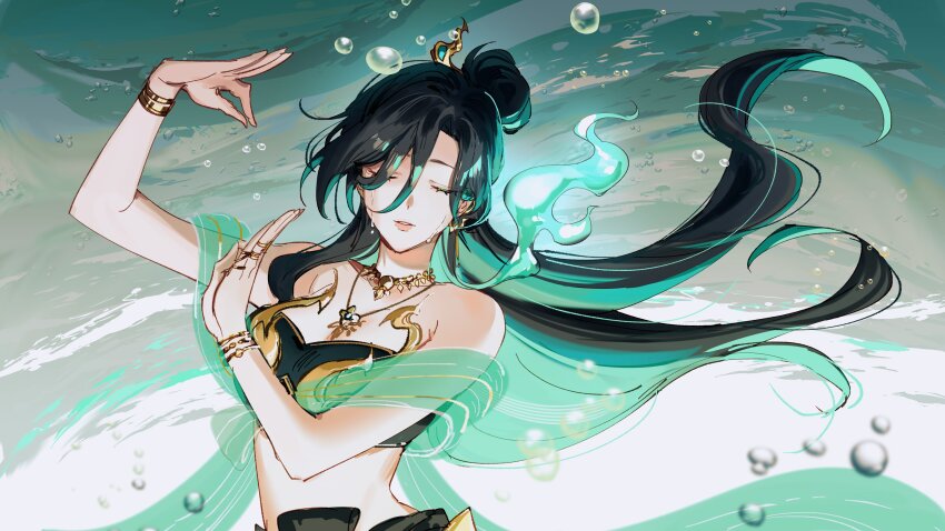 1girl, absurdres, algorhythm_project, aqua_hair, black_hair, closed_eyes, crop_top, evalia_(algorhythm_project)