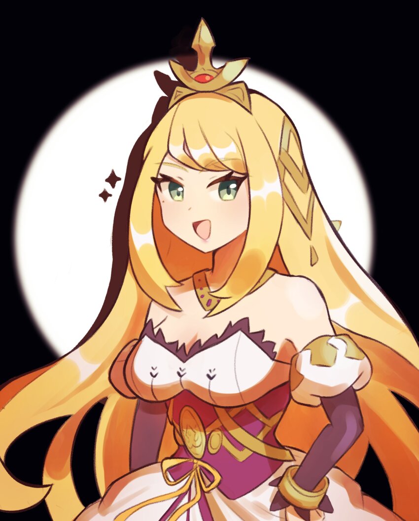 1girl, :d, absurdres, bare_shoulders, black_background, blonde_hair, breasts, chelle_(dragalia_lost)