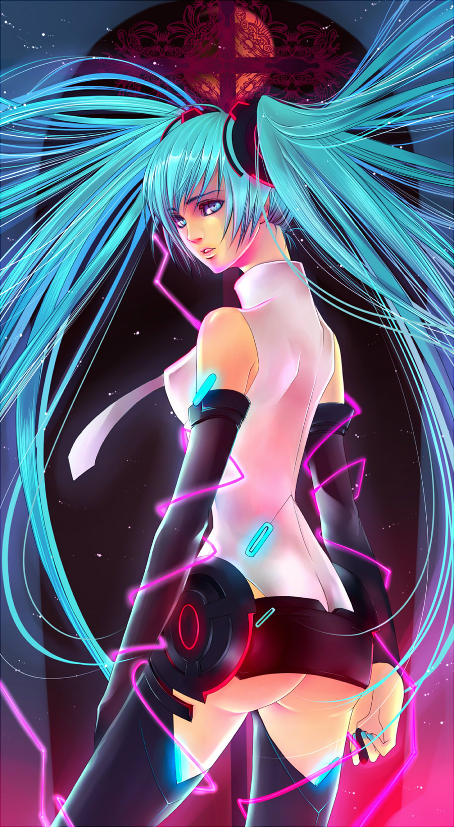 1girl, aqua_eyes, aqua_hair, ass, bad_id, bad_pixiv_id, bare_shoulders, blue_hair