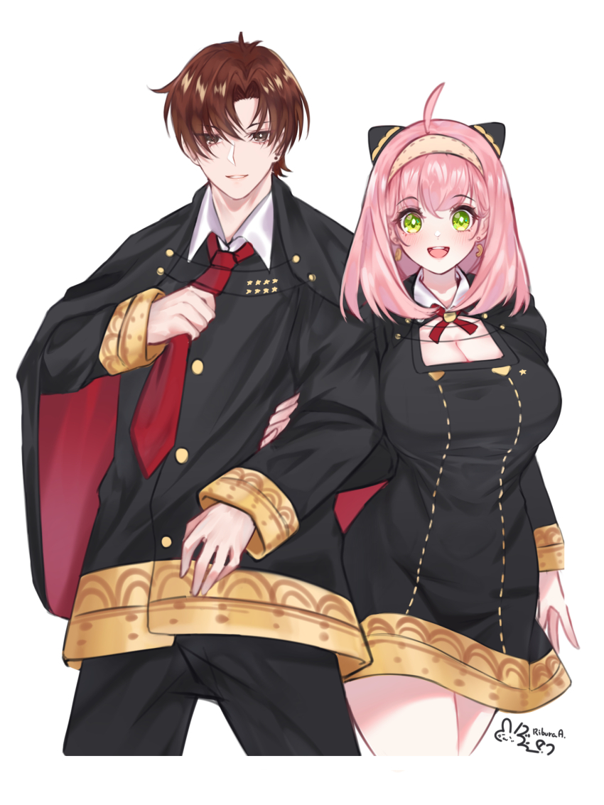 1boy, 1girl, aged_up, anya_(spy_x_family), black_cape, black_hair, breasts, brown_hair, cape, commentary, damian_desmond, earrings, eden_academy_school_uniform, green_eyes, hairpods, highres, jewelry, large_breasts, long_hair, long_sleeves, necktie, open_mouth, pink_hair, red_necktie, ribura_(limezstariouz), school_uniform, short_hair, smile, spy_x_family