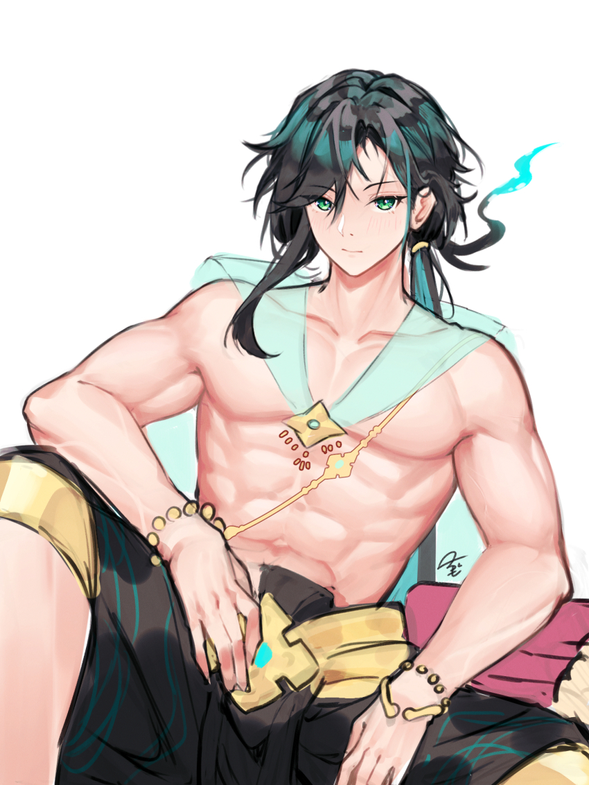 1boy, abs, algorhythm_project, aqua_hair, black_hair, black_pants, evalia_(algorhythm_project), genderswap