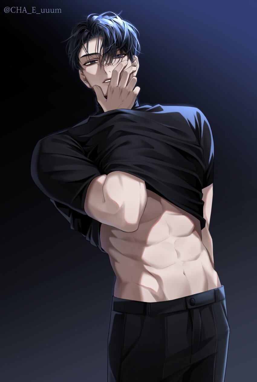 1boy, absurdres, black_eyes, black_hair, black_shirt, cha_e_uuum, cheongryeo, clothes_lift
