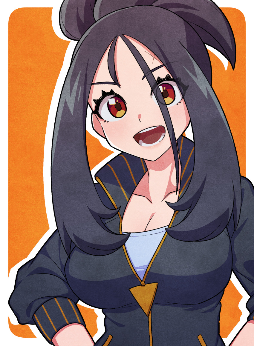 1girl, :d, absurdres, black_jacket, border, breasts, brown_eyes, cleavage, commentary_request, cross_scar, dendra_(pokemon), eyelashes, highres, itopad, jacket, large_breasts, loose_hair_strand, nintendo, open_mouth, orange_background, outline, outside_border, pokemon, pokemon_scarlet_and_violet, scar, scar_on_face, scar_on_forehead, shirt, sidelocks, smile, solo, teeth, upper_body, white_border, zipper_pull_tab