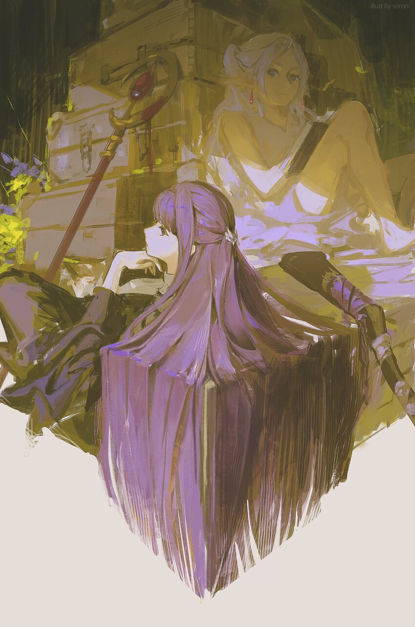 2girls, absurdres, capelet, earrings, elf, fern_(sousou_no_frieren), frieren, highres, jewelry, long_hair, multiple_girls, pointy_ears, purple_eyes, purple_hair, sitting, sorrowny, sousou_no_frieren, twintails, white_hair