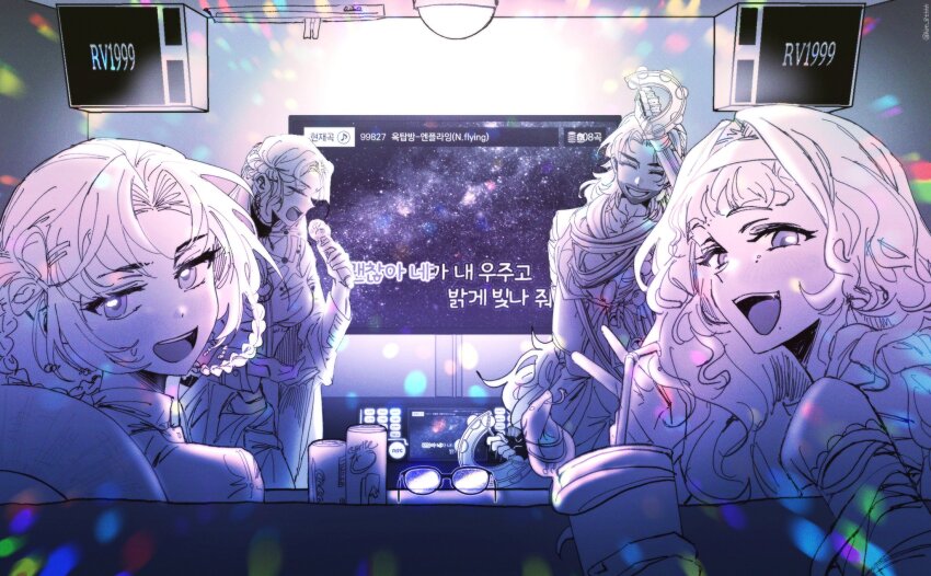 1boy, 3girls, :d, blue_theme, braid, braided_hair_rings, can, closed_eyes