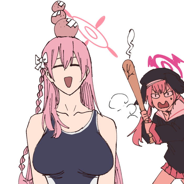 <|>_<|>, 2girls, ahoge, angry, bandaid, bandaid_on_head, baseball_bat, beret