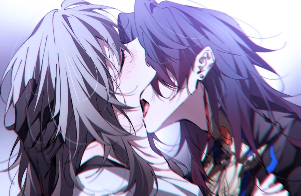 1boy, 1girl, black_gloves, black_hair, blade_(honkai:_star_rail), closed_eyes, dlckrpwjd111, earrings