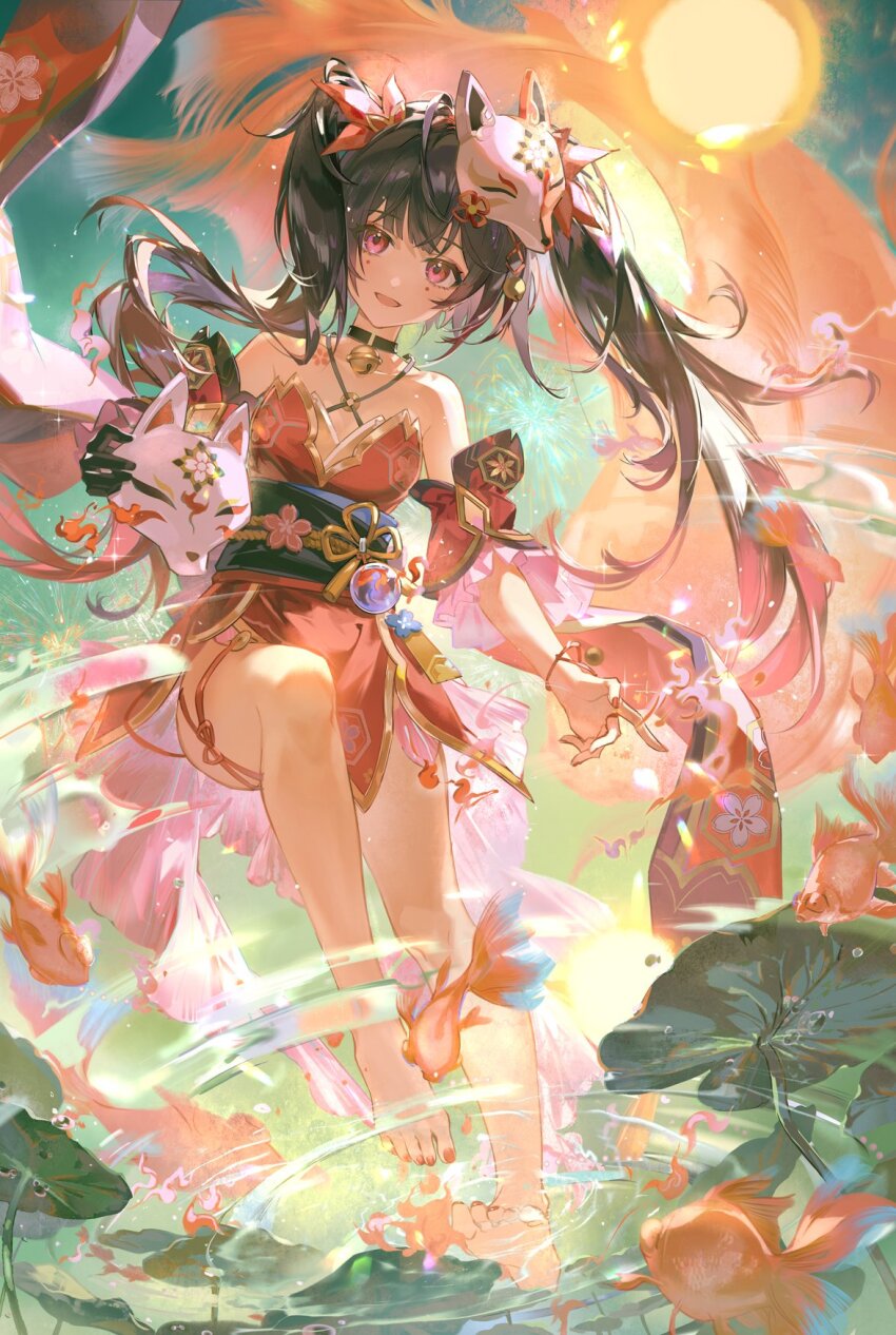 1girl, :d, bare_shoulders, barefoot, bell, black_choker, black_gloves, blush, bow, brown_hair, choker, criss-cross_halter, dress, feet, floating_hair, fox_mask, gloves, hair_bow, halterneck, head_tilt, highres, holding, holding_mask, honkai:_star_rail, honkai_(series), long_hair, looking_at_viewer, mask, mask_on_head, nail_polish, neck_bell, o-ring, obi, open_mouth, outdoors, pelvic_curtain, pink_eyes, qingming_tiaohetu, red_bow, red_dress, red_nails, ripples, sash, short_dress, sidelocks, single_glove, sleeveless, sleeveless_dress, smile, soles, solo, sparkle_(honkai:_star_rail), toenail_polish, toenails, toes, twintails, water
