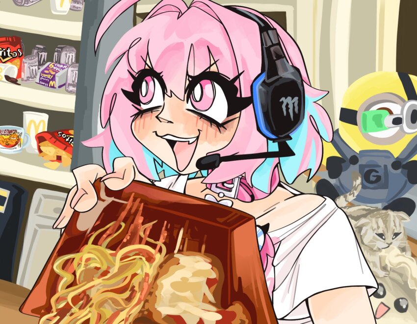 1girl, ahoge, blue_hair, blush, cat, collar, commentary, despicable_me, doritos, english_commentary, food, garfield, garfield_(character), hair_between_eyes, hair_intakes, headphones, headset, highres, holding, idolmaster, idolmaster_cinderella_girls, indoors, kecchi0, looking_afar, mcdonald's, minion_(despicable_me), monster_energy, multicolored_hair, open_mouth, pasta, photo-referenced, pink_collar, pink_eyes, pink_hair, scouter, shirt, short_hair, short_sleeves, smile, solo, spaghetti, spill, t-shirt, two-tone_hair, tyler1, upper_body, v-shaped_eyebrows, white_shirt, yumemi_riamu