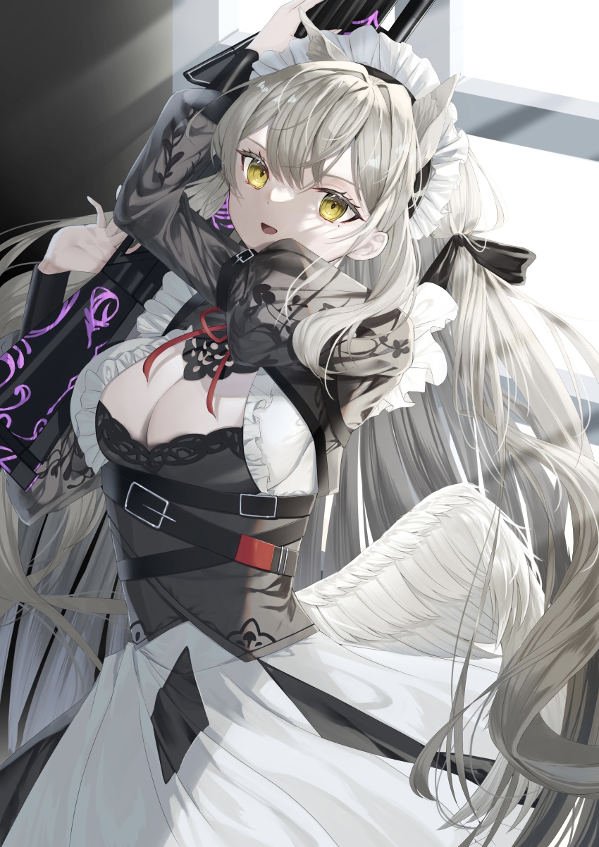 1girl, absurdres, animal_ears, arm_belt, belt, black_belt, black_dress, black_ribbon, black_sleeves, breasts, cleavage, dress, echocalypse, feathered_wings, frills, grey_hair, gun, hair_ribbon, highres, holding, holding_gun, holding_weapon, juliet_sleeves, large_breasts, long_hair, long_sleeves, low_wings, maid, maid_headdress, mole, mole_under_eye, nyla_(echocalypse), open_mouth, puffy_sleeves, ribbon, rifle, solo, teacup_(teacup1031), two-tone_dress, very_long_hair, weapon, white_wings, wings, yellow_eyes