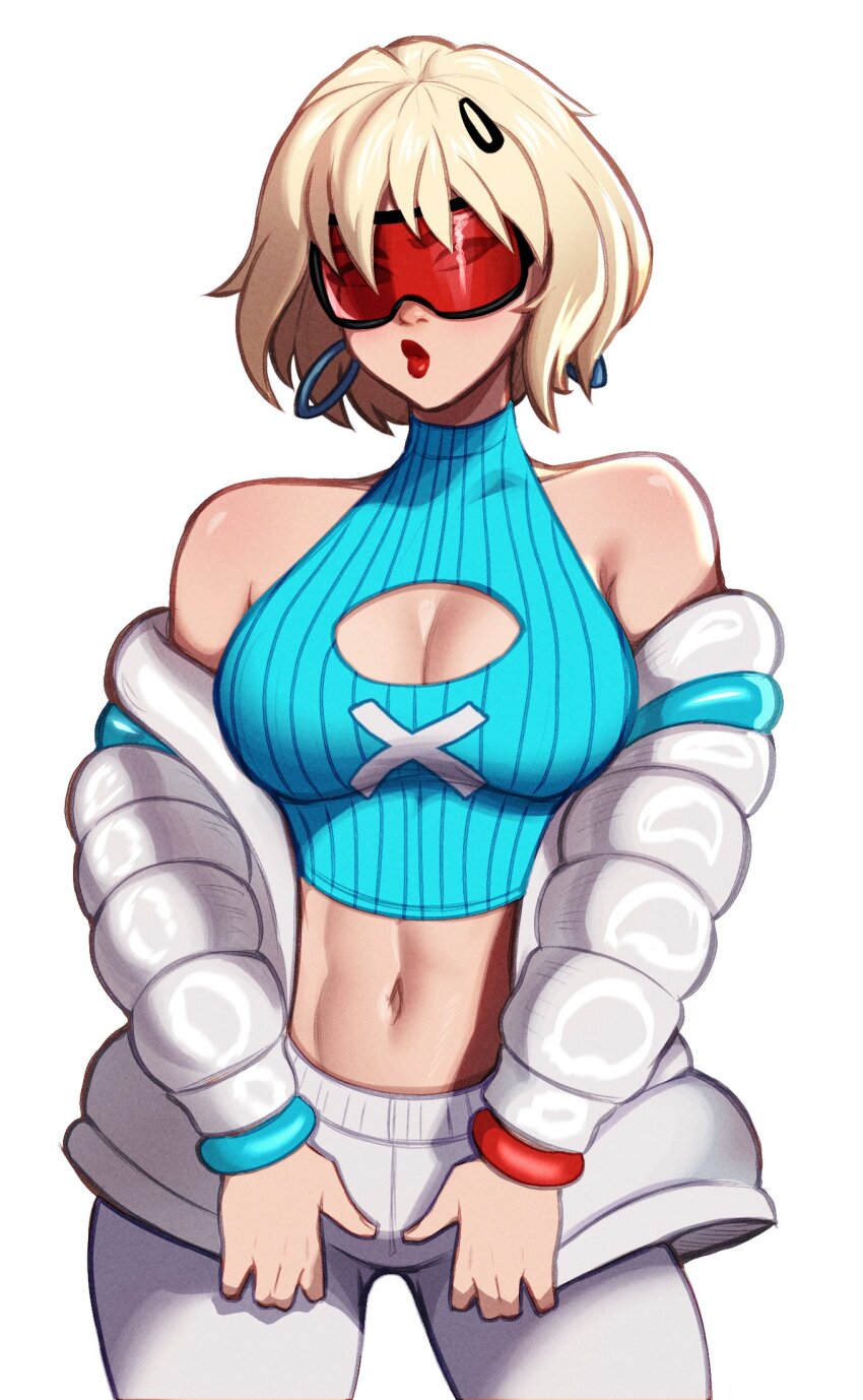 1girl, bare_shoulders, blonde_hair, blue_sweater, breasts, cleavage, cleavage_cutout, clothing_cutout, coat, cropped_sweater, earrings, evie_(fortnite), fortnite, highres, jewelry, large_breasts, looking_at_viewer, magaska, navel, off_shoulder, official_alternate_costume, official_alternate_hairstyle, open_clothes, open_coat, pants, red-tinted_eyewear, red_lips, ribbed_sweater, short_hair, simple_background, sleeveless, sleeveless_sweater, ski_goggles, solo, summitseeker_evie_(fortnite), sweater, tinted_eyewear, white_background, white_coat, white_pants