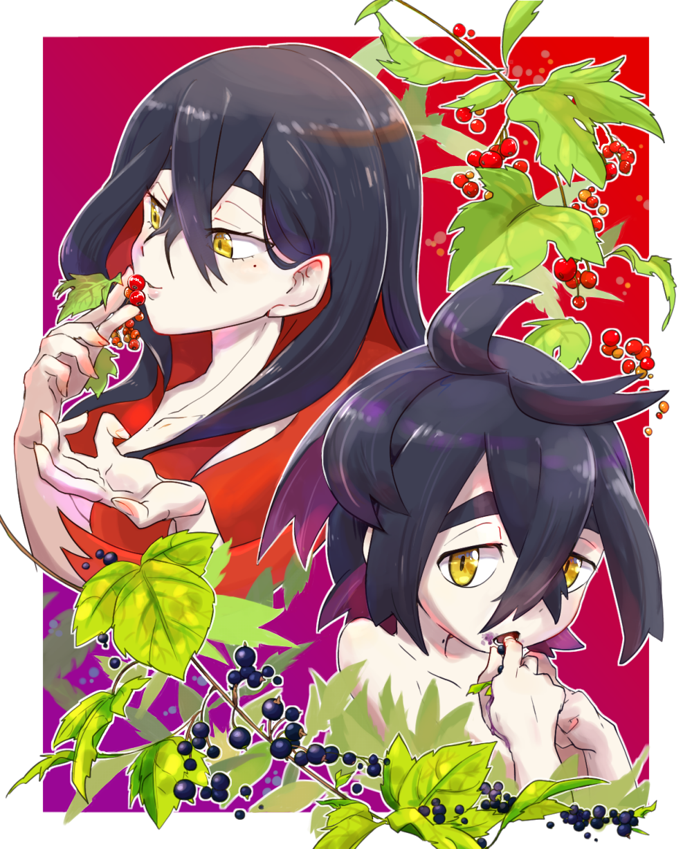 1boy, 1girl, age_difference, ahoge, armpits, berry, black_hair, border