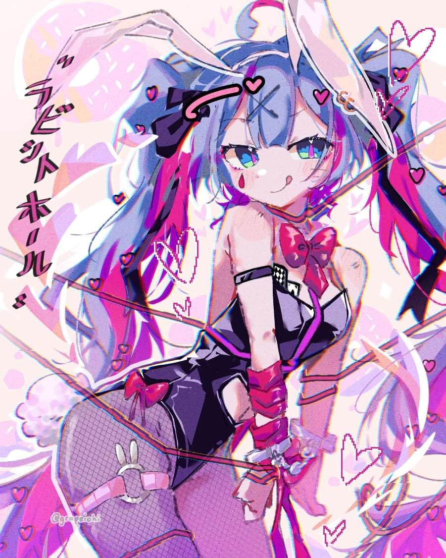 1girl, animal_ears, bare_shoulders, black_ribbon, blue_eyes, blue_hair, blunt_bangs, bow, bowtie, card, closed_mouth, clothing_cutout, colored_inner_hair, cutout_above_navel, facial_mark, fake_animal_ears, fishnet_pantyhose, fishnets, grapeichi, hair_ornament, hair_ribbon, hatsune_miku, heart, heart_cutout, jewelry, long_hair, looking_at_viewer, multicolored_hair, o-ring, o-ring_thigh_strap, pantyhose, pink_hair, playboy_bunny, rabbit_ears, rabbit_hole_(vocaloid), rabbit_tail, red_bow, red_bowtie, restrained, ribbon, sleeveless, tail, teardrop_facial_mark, thigh_strap, thighlet, twintails, vocaloid, x_hair_ornament