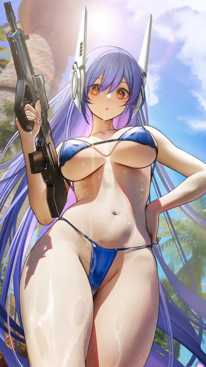 1girl, :o, assault_rifle, bikini, blue_bikini, blue_hair, blue_sky, breasts, bullpup, cloud, cloudy_sky, commentary_request, cowboy_shot, from_below, girls'_frontline, gun, hair_between_eyes, hand_on_own_hip, headgear, highres, holding, holding_gun, holding_weapon, iwi_tavor, large_breasts, long_hair, looking_at_viewer, nanaken_nana, navel, open_mouth, palm_tree, red_eyes, rifle, sky, solo, stomach, swimsuit, tar-21_(girls'_frontline), tavor_tar-21, thick_thighs, thighs, thong_bikini, tree, very_long_hair, weapon, wet