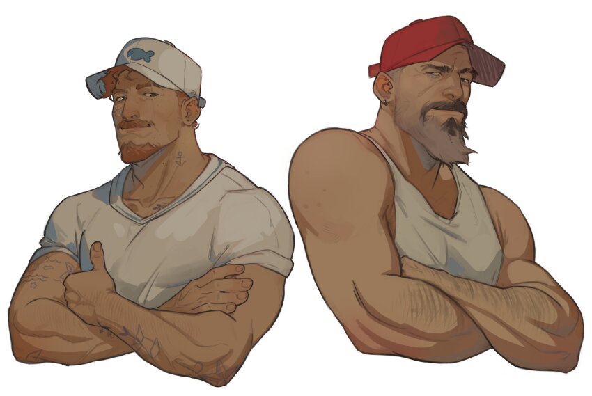 2boys, absurdres, adam's_apple, anchor_tattoo, animal_print, arm_hair, arm_tattoo, artist_name, bara, beard, borrowed_character, cropped_torso, deformed, ear_piercing, edgar_(rodrigodraws), enri_(ceinordraws), eyebrow_cut, facial_hair, fish_print, gradient_background, grey_hair, highres, jose_(enri), long_beard, male_focus, mature_male, multiple_boys, mustache, old, old_man, orange_hair, original, pants, pectorals, piercing, portuguese_commentary, red_headwear, red_shorts, sailor, sailor_collar, sailor_shirt, scar_on_head, shirt, short_hair, shorts, side-by-side, sideburns_stubble, signature, streaked_beard, stubble, tank_top, tattoo, thick_eyebrows, thick_mustache, toned, toned_male, very_short_hair, white_headwear, white_shirt, white_tank_top, wrinkled_skin