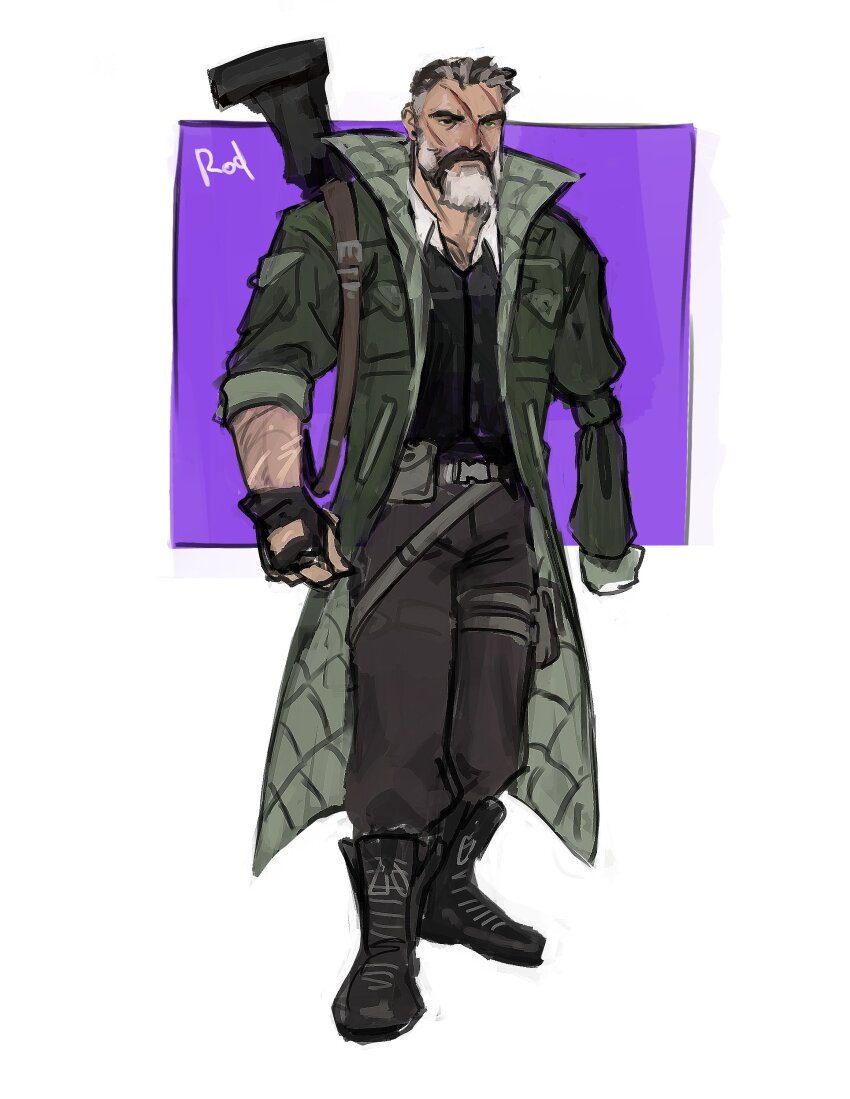 1boy, absurdres, amputee, arms_at_sides, bara, beard, black_boots, boots, character_request, chest_hair_peek, coat, commentary_request, eyebrow_cut, facial_hair, full_beard, grey_hair, highres, huge_eyebrows, male_focus, mature_male, multicolored_hair, multiple_scars, mustache, old, old_man, ordem_paranormal, rodrigodraws, scar, scar_on_face, scar_on_nose, short_hair, solo, spanish_commentary, standing, thick_beard, thick_mustache, two-tone_beard, two-tone_hair