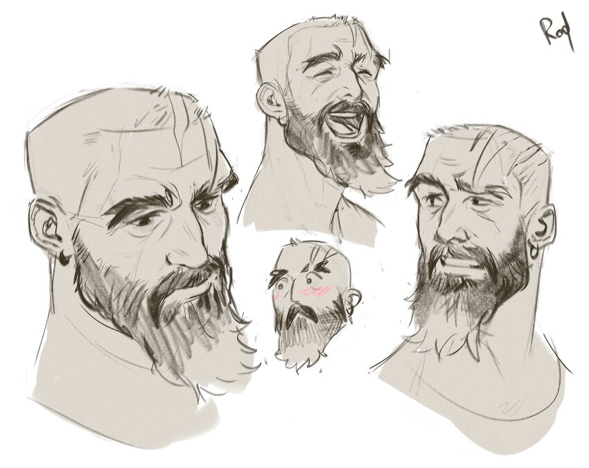 1boy, absurdres, bara, beard, blush, buzz_cut, cropped_head, edgar_(rodrigodraws)