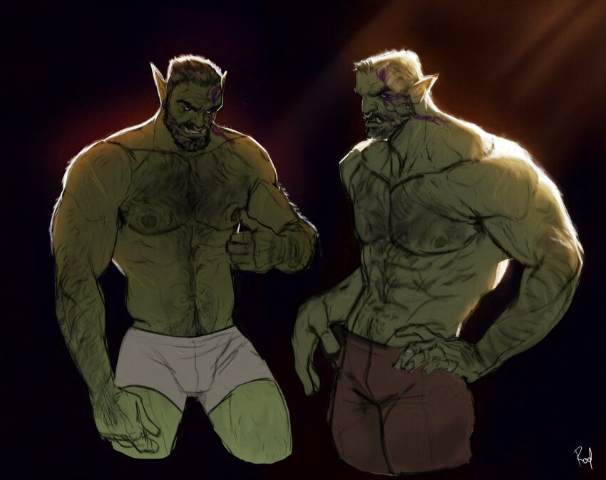 2boys, abs, absurdres, armpit_hair, armpit_hair_peek, baldur's_gate, baldur's_gate_3, bara