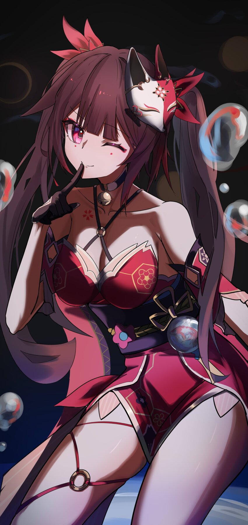 1girl, absurdres, bare_shoulders, bell, black_choker, black_gloves, bow, breasts