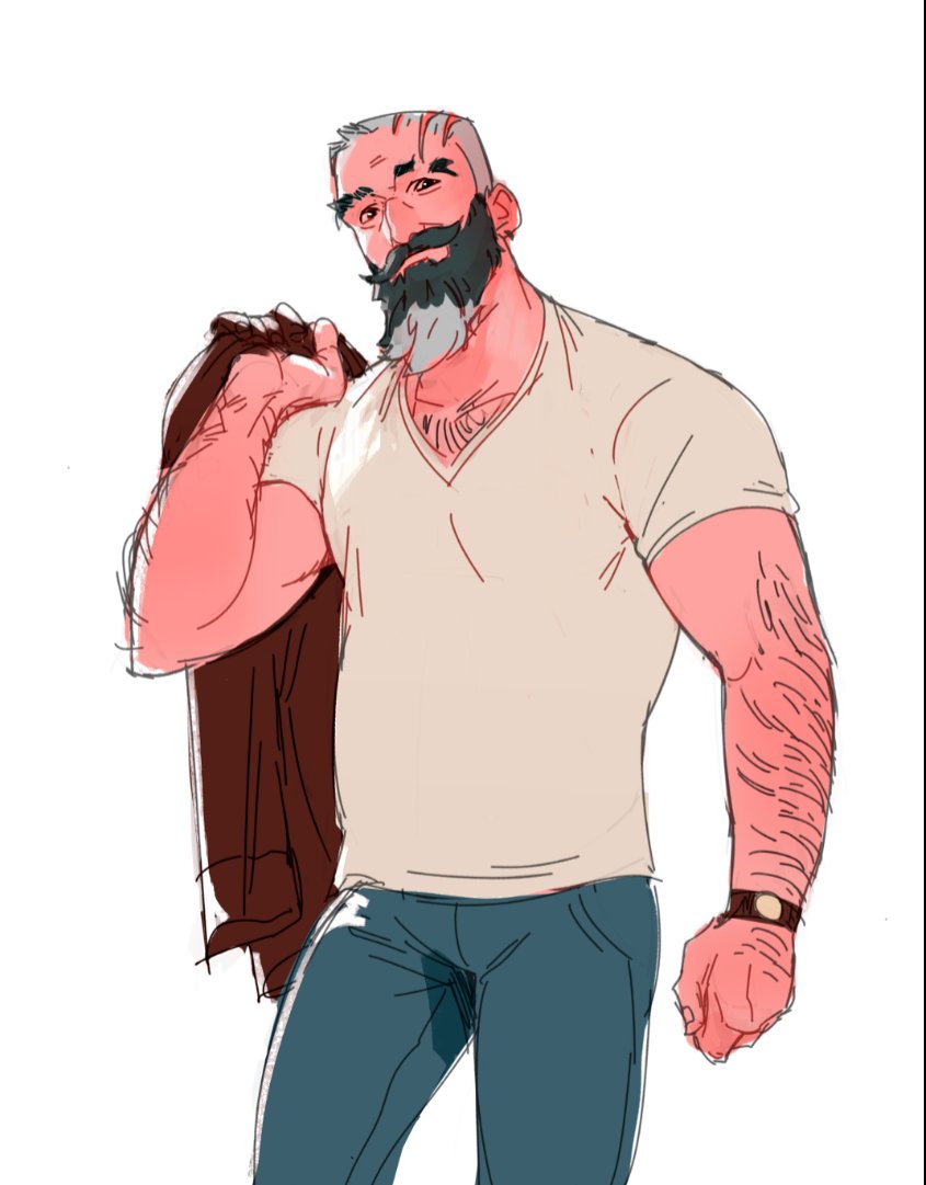 1boy, bara, beard, buzz_cut, chest_hair_peek, cowboy_shot, denim, edgar_(rodrigodraws)