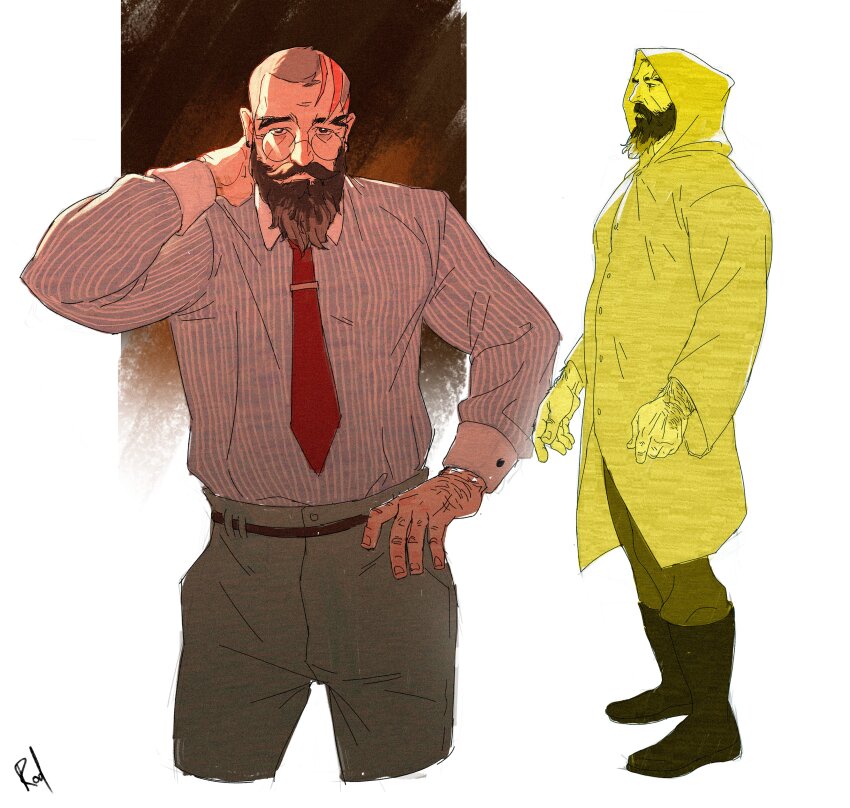 1boy, absurdres, bara, beard, buzz_cut, cropped_legs, edgar_(rodrigodraws), eyebrow_cut