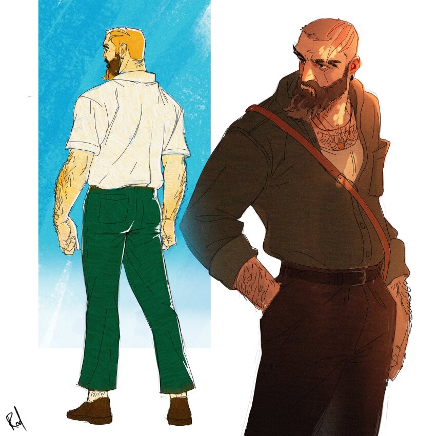 1boy, absurdres, bara, beard, buzz_cut, chest_hair_peek, edgar_(rodrigodraws), eyebrow_cut