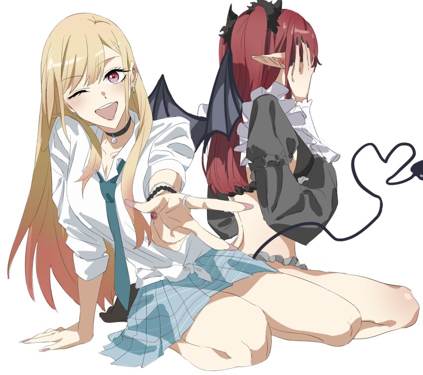 2girls, blonde_hair, blush, collar, highres, kitagawa_marin, long_hair, looking_at_viewer, multiple_girls, necktie, one_eye_closed, pointy_ears, red_eyes, red_hair, rizu-kyun, shirt, sitting, skirt, sono_bisque_doll_wa_koi_wo_suru, straight_hair, white_background, white_shirt, wqdofjpeqs63235