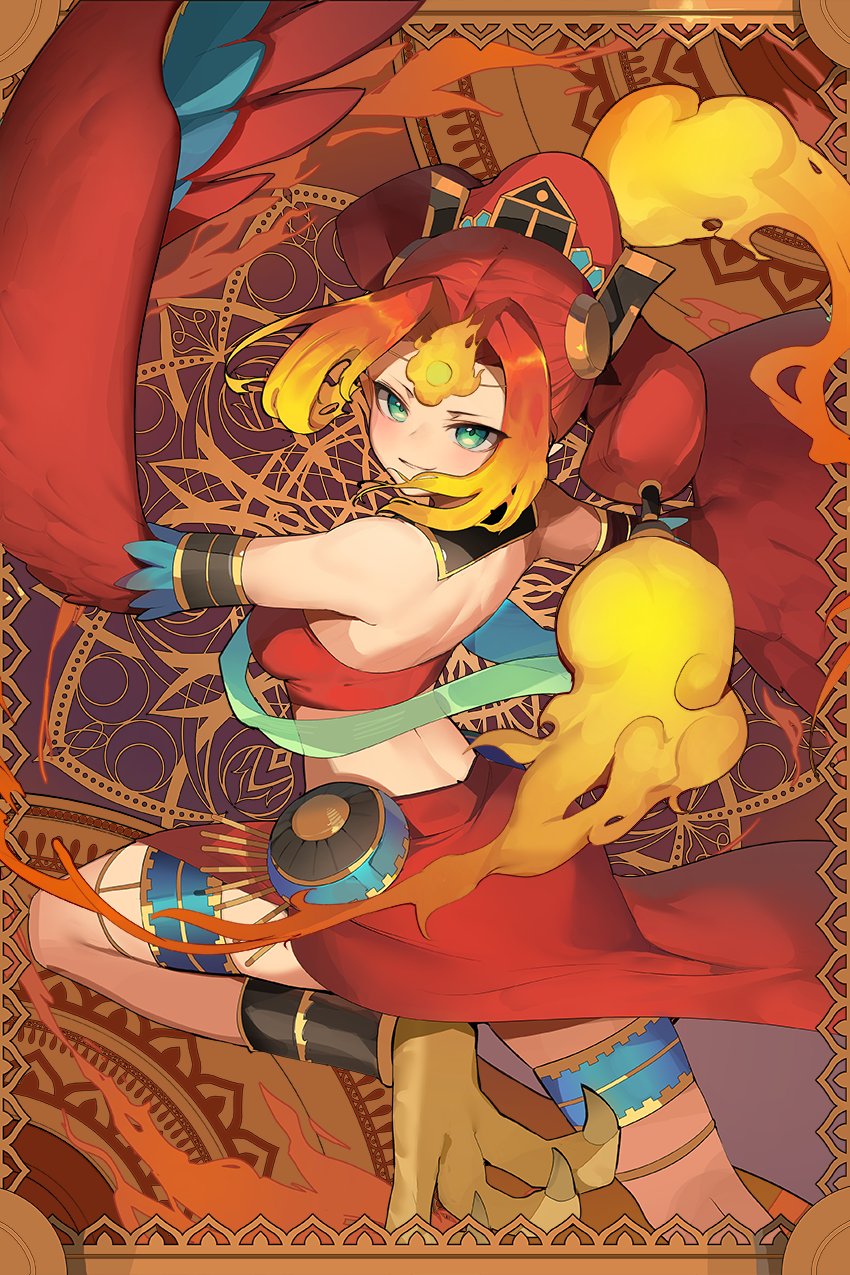 1girl, animal_feet, bare_shoulders, blonde_hair, breasts, crop_top, duel_monster, feathers, fire_king_avatar_princess, gradient_hair, green_eyes, harpy, headdress, highres, jewelry, long_hair, looking_at_viewer, medium_breasts, midriff, monster_girl, multicolored_hair, multicolored_wings, red_feathers, red_hair, red_skirt, ro_g_(oowack), sidelocks, skirt, solo, talons, thighlet, tiara, wings, yu-gi-oh!